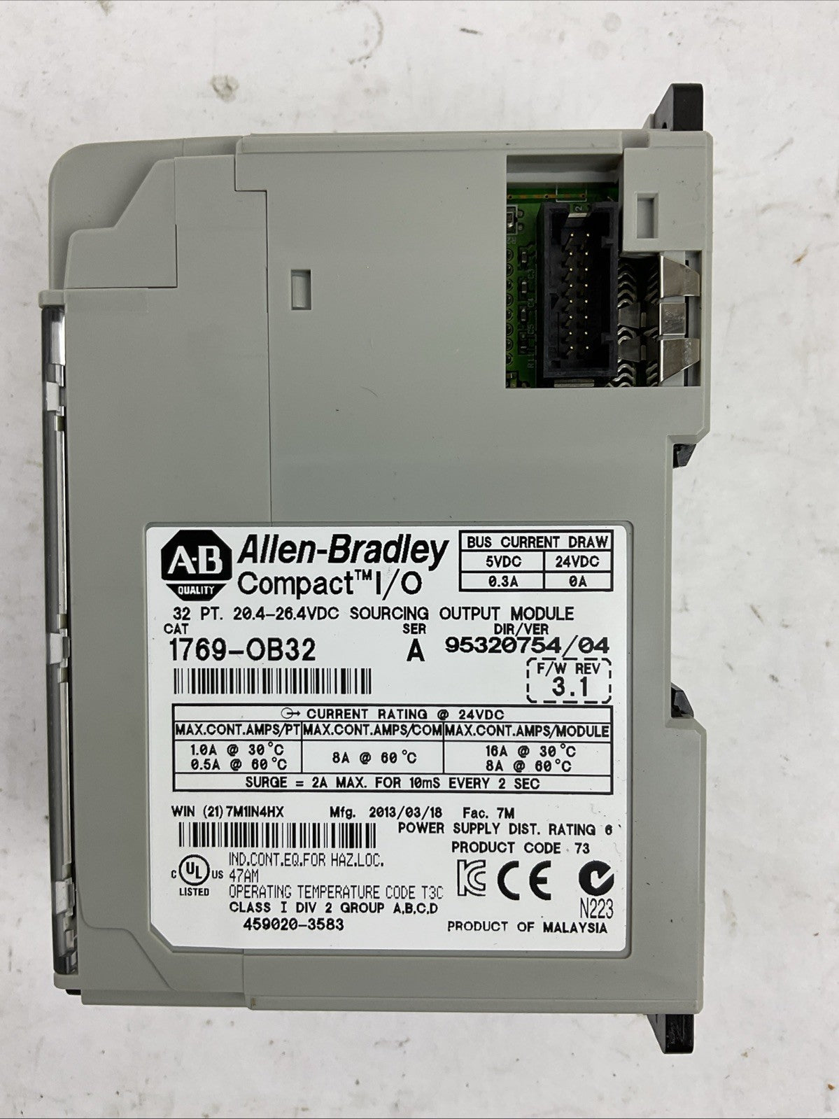 ALLEN BRADLEY 1769-OB32 SER A F/W REV 3.1 DIR/VER 95320754/04 32PT 20.4-26.4VDC