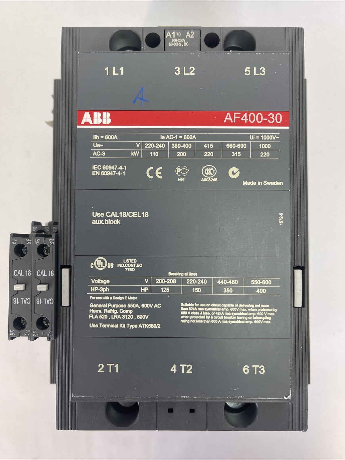 ABB AF400-30 CONTACTOR 600VAC 400HP 3POLE 3PH 550A COIL 100-250VDC 50-60hz