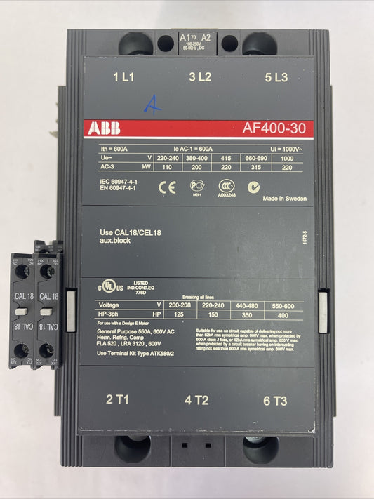 ABB AF400-30 CONTACTOR 600VAC 400HP 3POLE 3PH 550A COIL 100-250VDC 50-60hz