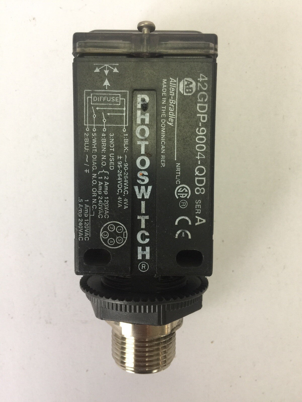 ALLEN BRADLEY 42GDP-9004-QD8 PHOTOSWITCH DIFFUSE DIAGNOSTIC SENSOR 90-264VAC