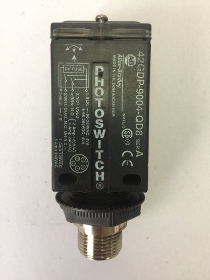 ALLEN BRADLEY 42GDP-9004-QD8 PHOTOSWITCH DIFFUSE DIAGNOSTIC SENSOR 90-264VAC