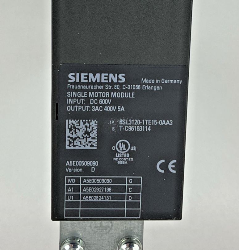 SIEMENS 6SL3120-ITE15-0AA3 SINGLE MOTOR MODULE 600VDC 5A