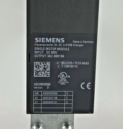 SIEMENS 6SL3120-ITE15-0AA3 SINGLE MOTOR MODULE 600VDC 5A