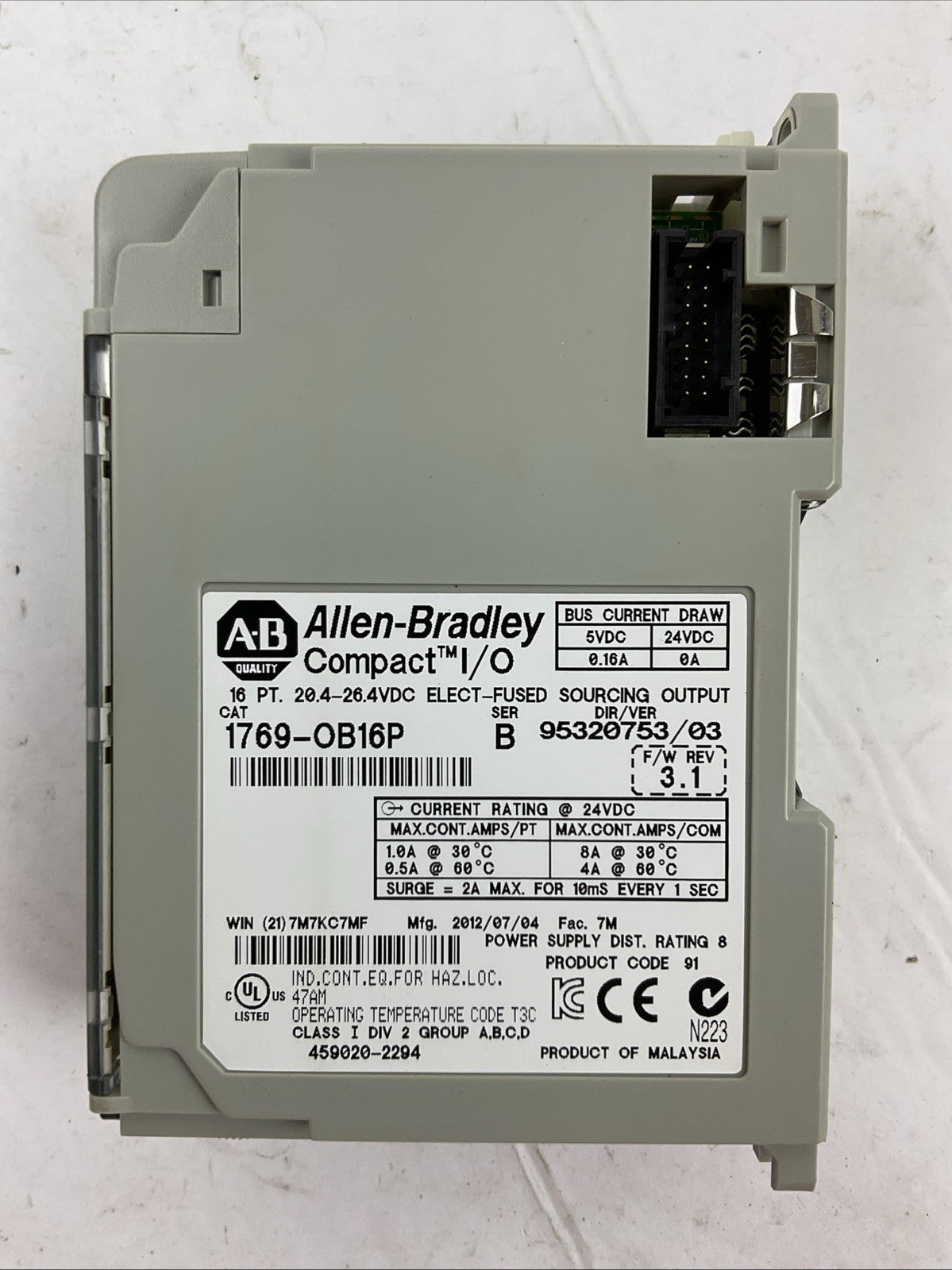 ALLEN BRADLEY 1769-OB16P SER B DIR/VER 95320753/03 F/W REV 3.1 16PT 20.4-26.4VDC