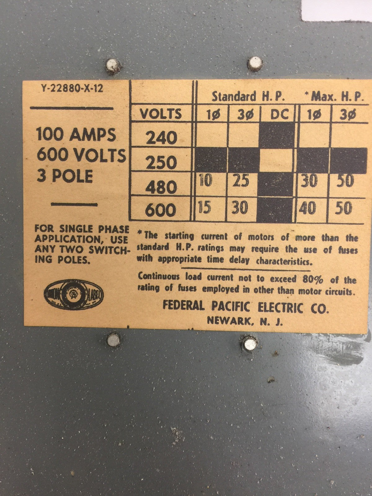 Federal Pacific QMQB-1036 100A 600VAC Panelboard Switch 30HP