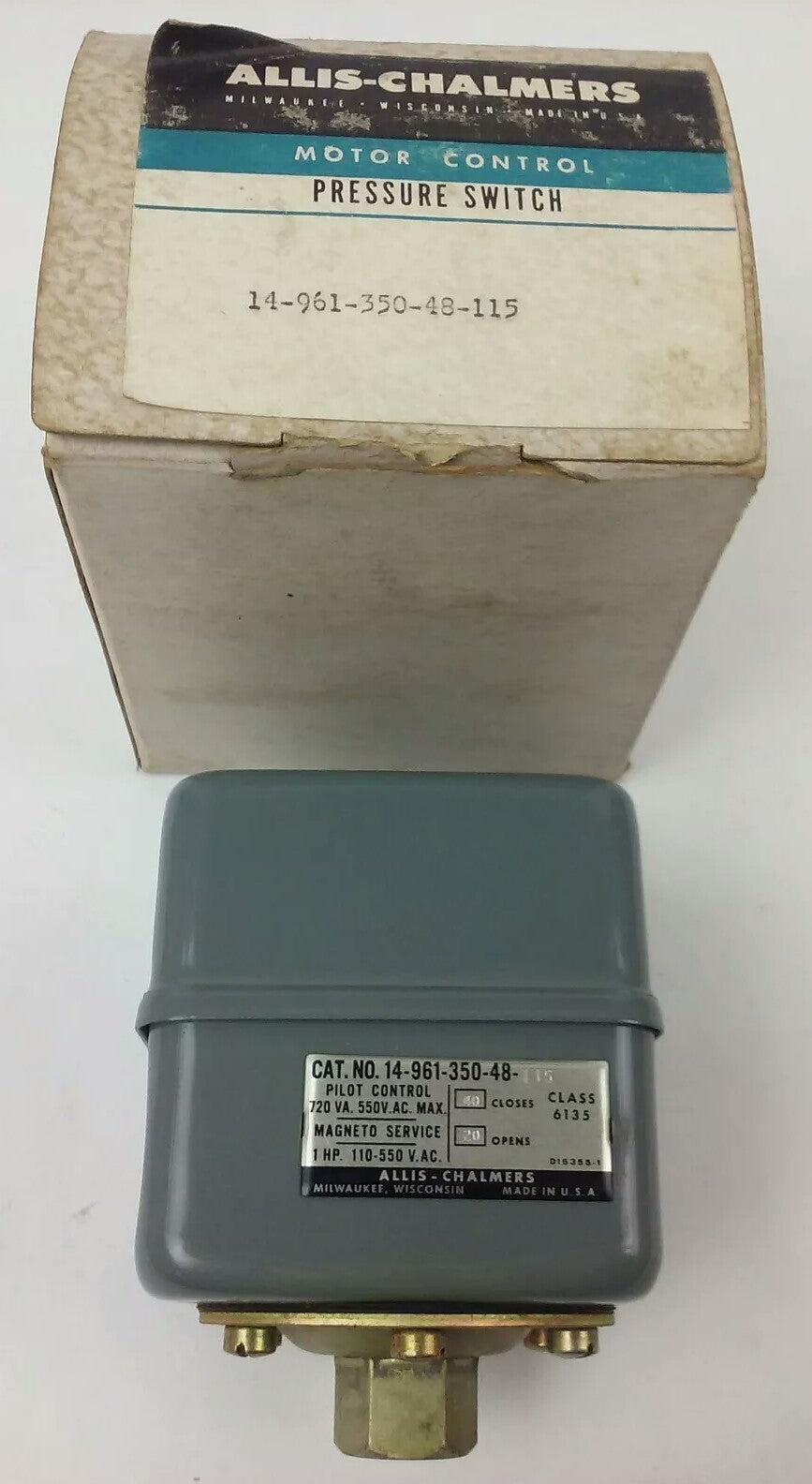 ALLIS CHALMERS  CLASS 6135 14-961-350-48-115 PRESSURE SWITCH, 550V,NEW SURPLUS,
