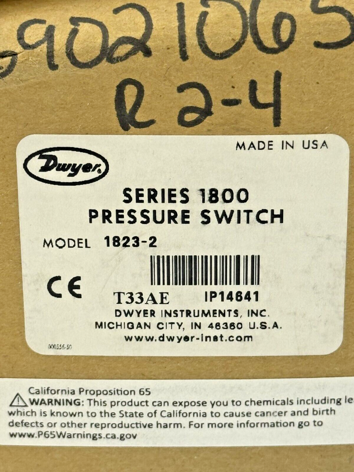 DWYER - 1823-2 - PRESSURE SWITCH - 15A 125/ 480 VAC 1/8 HP - SERIES 1800