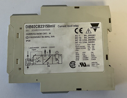 CARLO GAVAZZI DIB02CB23150MV CURRENT LEVEL RELAY 115/230VAC 50/60HZ 3VA
