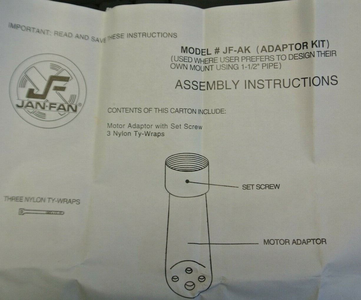 JAN-FAN / JF-AK / MOTOR ADAPTER KIT / for 1-1/2" RIGID PIPE / NEW SURPLUS