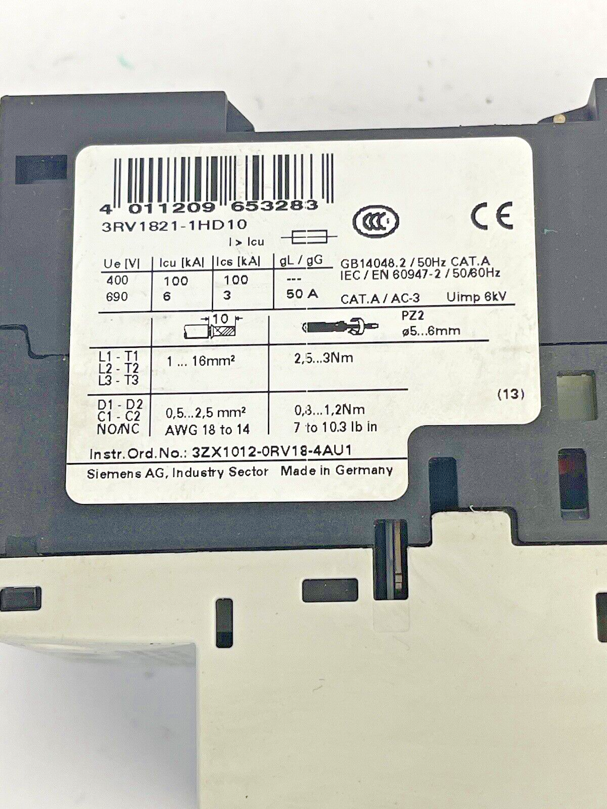 SIEMENS - 3RV1821-1HD10 - CIRCUIT BREAKER / TRANSFORMER PROTECTOR