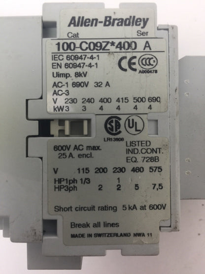ALLEN BRADLEY 100-C09Z*400 CONTACTOR WITH 100-F COIL 24VDC