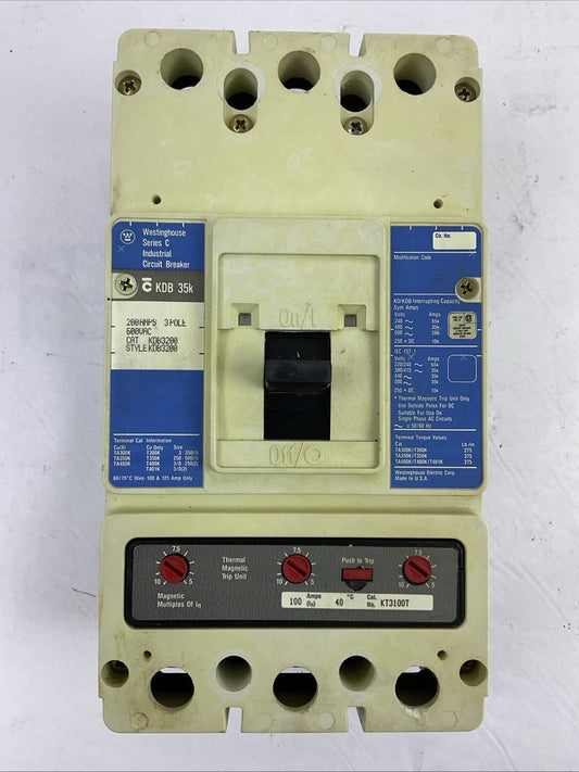 WESTINGHOUSE KDB3200SER C 200AMP 600VAC 3POLE CIRCUIT BREAKER KT3100T 100A TRIP