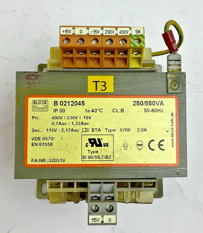 BLOCK B0212045 TRANSFORMER 250/850VA 50-60HZ 400V