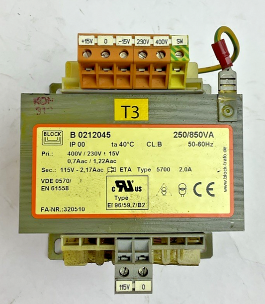 BLOCK B0212045 TRANSFORMER 250/850VA 50-60HZ 400V