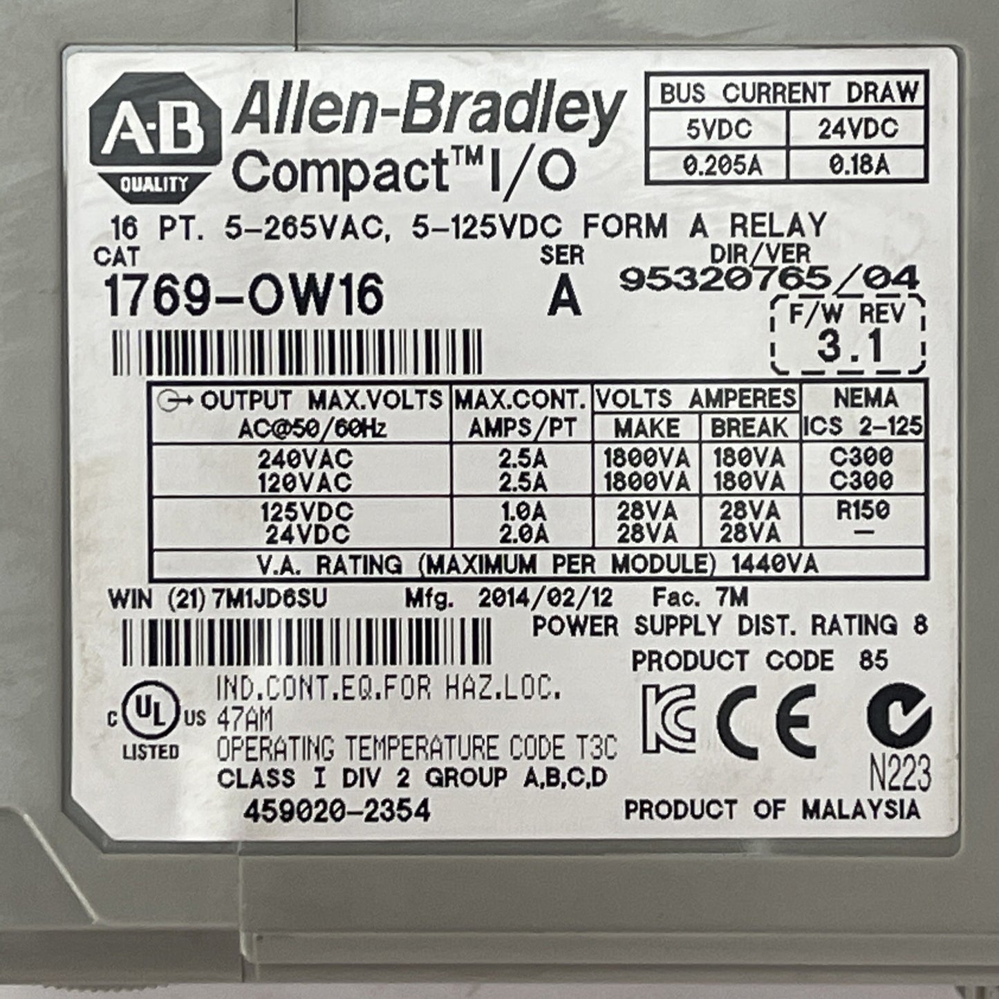 ALLEN BRADLEY 1769-OW16 SER A F/W REV 3.1 16PT 5-265VAC 5-125VDC FORM A RELAY