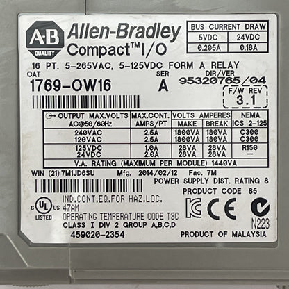 ALLEN BRADLEY 1769-OW16 SER A F/W REV 3.1 16PT 5-265VAC 5-125VDC FORM A RELAY