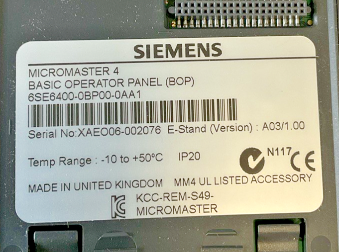 SIEMENS 6SE6400-0BP00-0AA1 BASIC OPERATOR PANEL VER.A03/1.00
