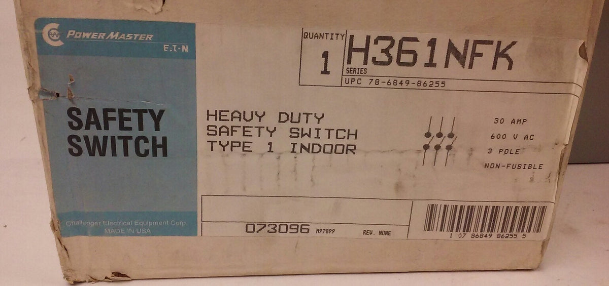 POWERMASTER EATON H361NFK HEAVYDUTY SAFETY SWITCH,30A,600V, 3P, NON FUSIBLE