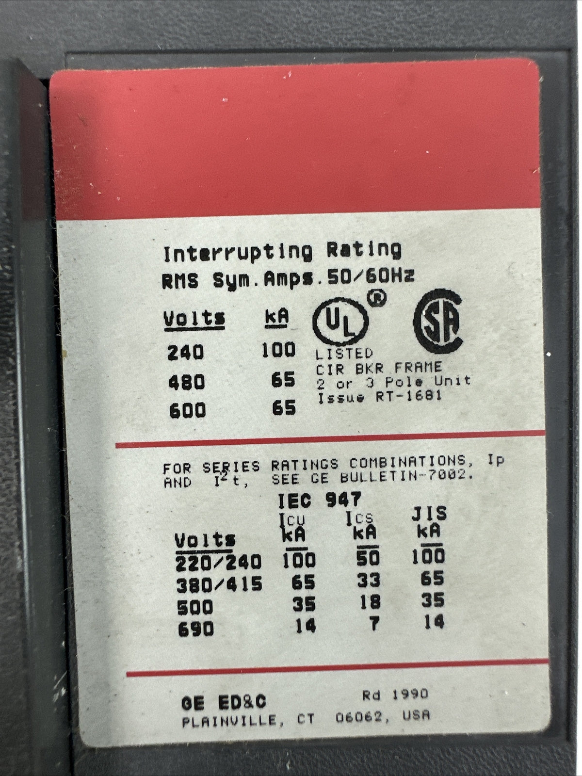 GE SGLB36BA0400 CURRENT LIMITING CIRCUIT BREAKER 400AMP 600VAC TRIP PLUG 300A