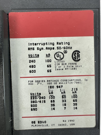 GE SGLB36BA0400 CURRENT LIMITING CIRCUIT BREAKER 400AMP 600VAC TRIP PLUG 300A