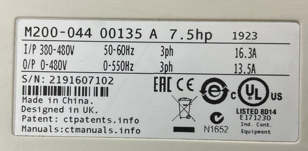 NIDEC CONTROL TECHNIQUES M200-044 00135 A 7.5HP OUTPUT 0-480VAC 13.5A AC DRIVE