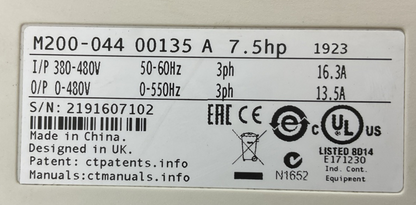 NIDEC CONTROL TECHNIQUES M200-044 00135 A 7.5HP OUTPUT 0-480VAC 13.5A AC DRIVE