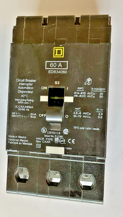 SQUARE D EDB34060 CIRCUIT BREAKER 60A 480/277V
