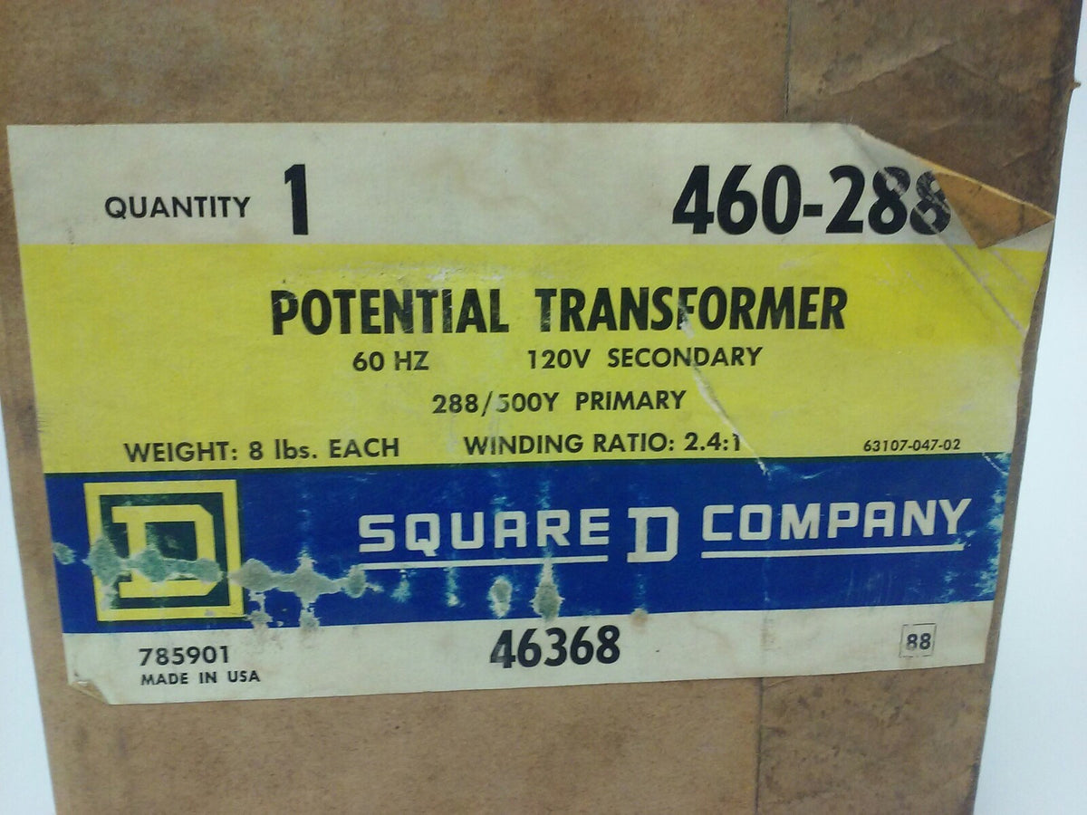 SQUARE D 460-288 POTENTIAL TRANSFORMER, 60HZ, 120V SEC,288/500Y PRIM,RATIO 2.4:1