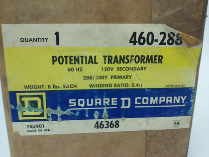 SQUARE D 460-288 POTENTIAL TRANSFORMER, 60HZ, 120V SEC,288/500Y PRIM,RATIO 2.4:1