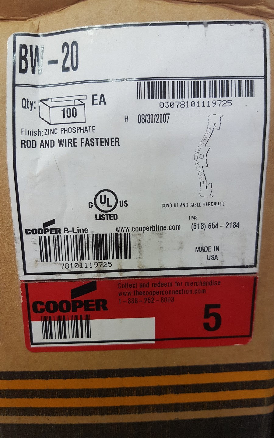 B-Line By Eaton Conduit Hanger, BW-20 ROD AND WIRE FASTENER ZINC PHOSPHATE LOT
