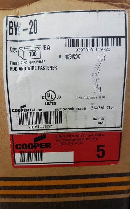 B-Line By Eaton Conduit Hanger, BW-20 ROD AND WIRE FASTENER ZINC PHOSPHATE LOT