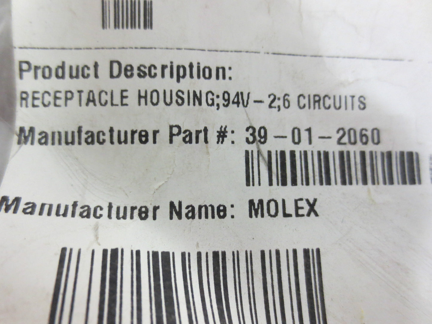 MOLEX 39-01-2060 Mini-Fit Jr.È Recept. Hsing, Dual Row, 6 Circuits, UL 94V 11 pc