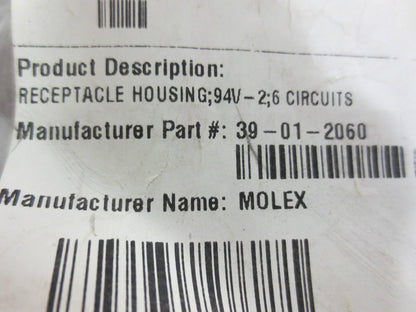 MOLEX 39-01-2060 Mini-Fit Jr.È Recept. Hsing, Dual Row, 6 Circuits, UL 94V 11 pc