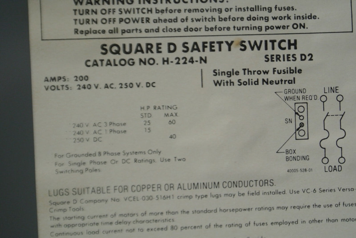 SQUARE D H224N FUSIBLE SAFETY SWITCH / 240V / 200A / H-224-N