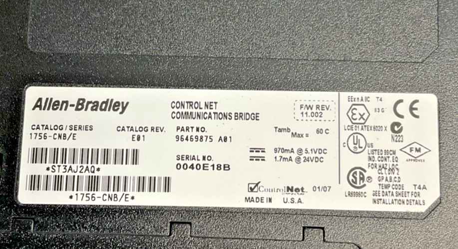 ALLEN BRADLEY 1756-CNB/E COMMUNICATIONS BRIDGE 24VDC1756/CNB SER.E