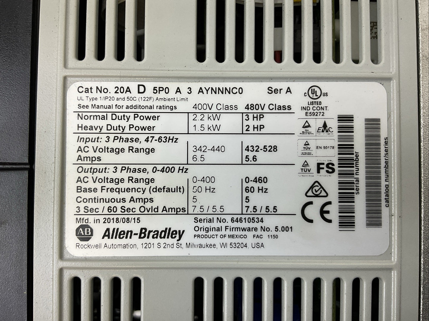 ALLEN BRADLEY 20AD5P0A3AYNNNC0 AC DRIVE POWER FLEX 70 SER A FW 5.001