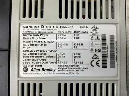 ALLEN BRADLEY 20AD5P0A3AYNNNC0 AC DRIVE POWER FLEX 70 SER A FW 5.001