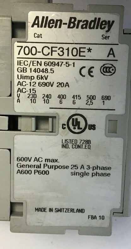 ALLEN BRADLEY 700-CF310E SER.A CONTROL RELAY W/ 100-FPT SER.A