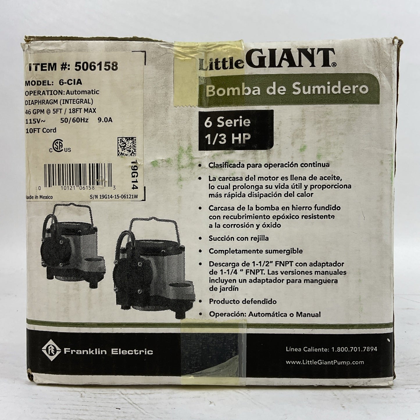 LITTLE GIANT 6-CIA SUMP PUMP 6 SERIES 1/3HP 46GPM @ 5FT/18FT MAX 115VAC 9.0A