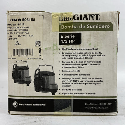 LITTLE GIANT 6-CIA SUMP PUMP 6 SERIES 1/3HP 46GPM @ 5FT/18FT MAX 115VAC 9.0A