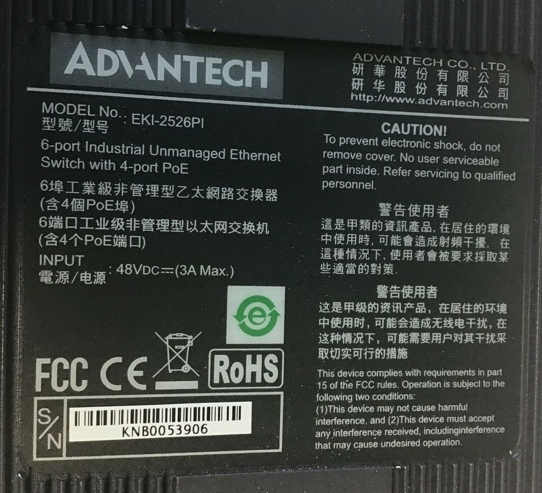 ADVANTECH EKI-2526PI INDUSTRIAL EHTERNET SWITCH 6PORT 48VDC 3A