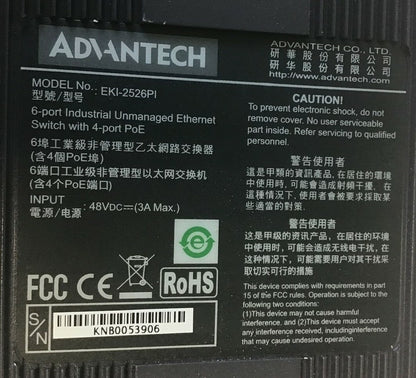 ADVANTECH EKI-2526PI INDUSTRIAL EHTERNET SWITCH 6PORT 48VDC 3A