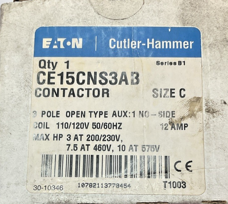 EATON CE15CNS3AB CONTACTOR SER.B1 12A 50/60HZ 10HP@575V SIZE C