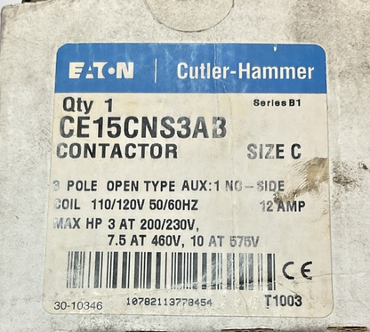 EATON CE15CNS3AB CONTACTOR SER.B1 12A 50/60HZ 10HP@575V SIZE C