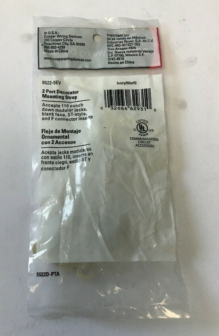 COOPER WIRING DEVICES 5522-5EV IVORY 2 PORT DECORATOR MOUNTING STRAP***LOTOF9***