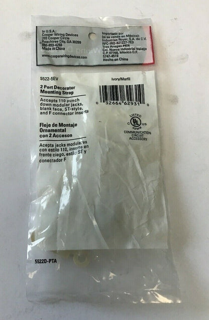 COOPER WIRING DEVICES 5522-5EV IVORY 2 PORT DECORATOR MOUNTING STRAP***LOTOF9***