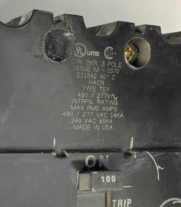 GE TEY3100 CIRCUIT BREAKER 100A 480VAC 3POLE