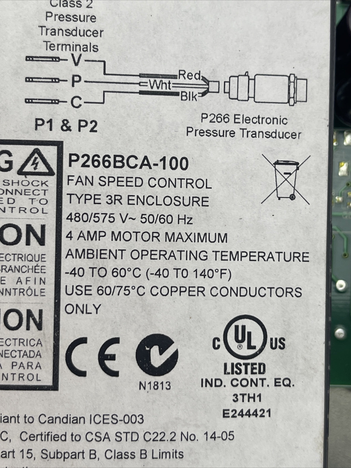 JOHNSON CONTROLS P266BCA-100 FAN SPEED CONTROL TYPE 3R ENCLOSURE 480/575VAC 4AMP