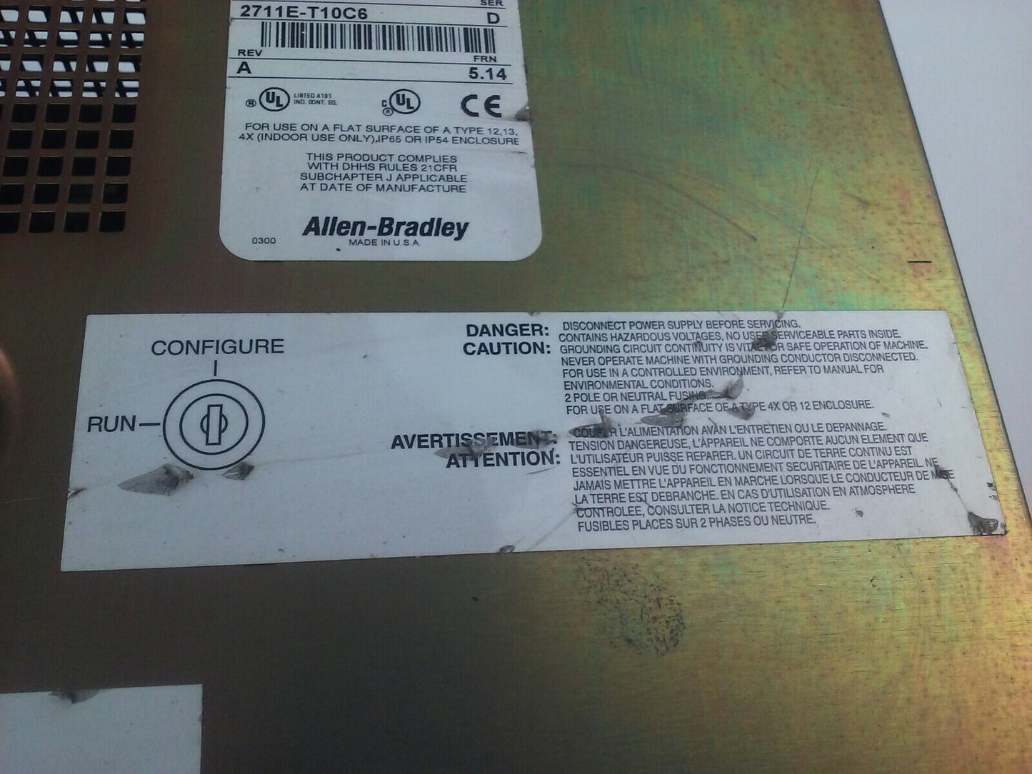 ALLEN BRADLEY 2711E-T10C6 SER. D REV. A  PANELVIEW 1000E TERMINAL FRN 5.14
