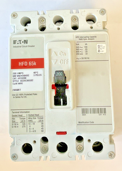 EATON HFD3200 CIRCUIT BREAKER 200AMP 3POLES 600VAC 250VDC